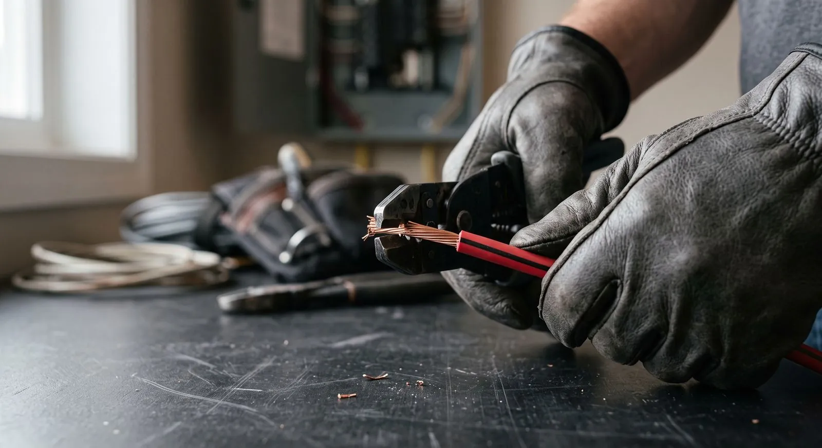 An electrician stripping conductors on a bench